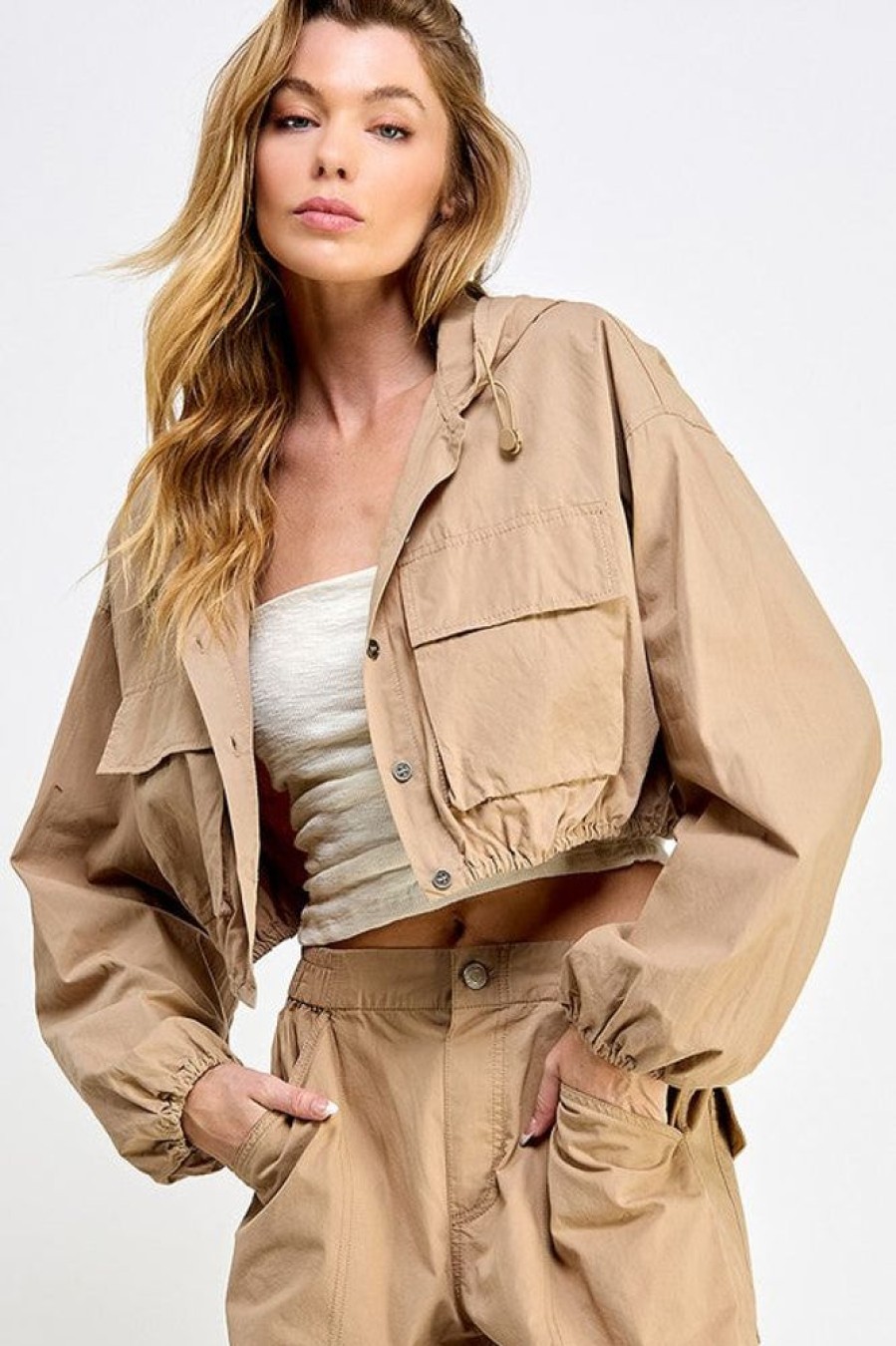 Clothing Miss Love | Mia Cargo Cropped Jacket Taupe