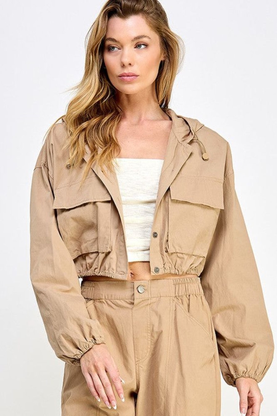 Clothing Miss Love | Mia Cargo Cropped Jacket Taupe